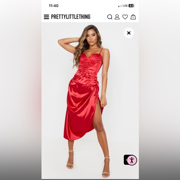 Red Ruched Tie Side Satin Midi Skirt - Super Sexy Slit - Pretty Little Thing sz2 - Picture 5 of 9